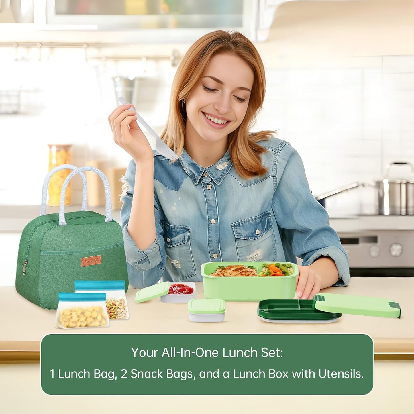 JBGOYON Bento Box and Lunch Bag Set, Leak-Proof Lunch Box for Adults and Kids with Built-in Utensils, Insulated for Work School Travel, Microwave & Dishwasher Safe, All-in-One (Purple)