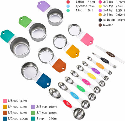 EDELIN Magnetic Measuring Cups and Spoons Set, Stainless Steel 7 cup and 7 spoon with 1 Leveler, 18/8 304 stainless steel (Black 15 sets)