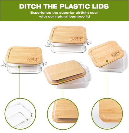 Airtight Glass Food Storage Containers with Bamboo Lids, Set of 4 Secure-Seal Containers for Meal Prep, 100% Leakproof, Plastic Free, Oven & Microwave Safe (4 Pack)