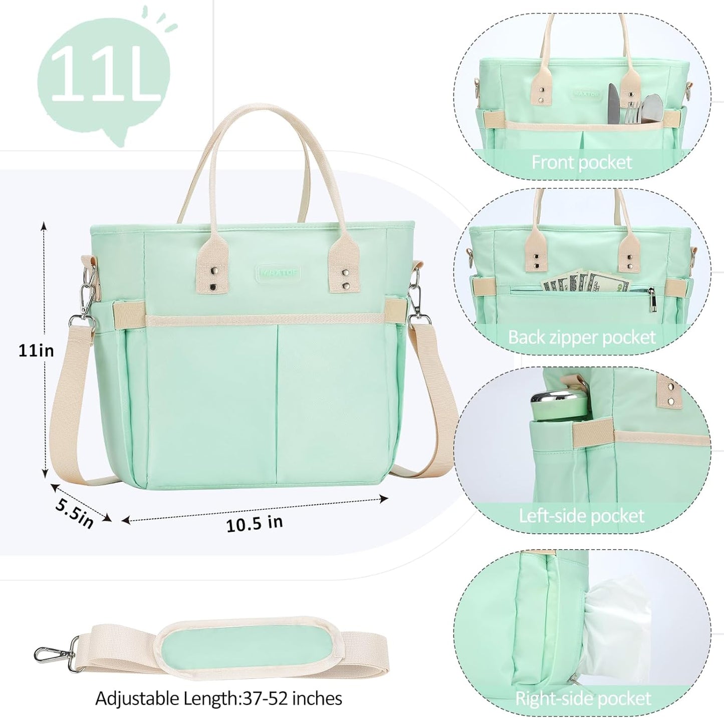 MAXTOP Lunch Bag Women for Work Insulated Thermal Lunch Box for Men with Wide-Open Pocket Reusable Leakproof Cooler Bags with Removable Shoulder Strap for Teacher Nurse Office Picnic Travel Black
