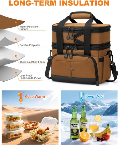 Pritent Lunch Box For Men Women Double Deck Insulated Lunch Bag For Men Woman Leakproof Expandable Cooler Bag with Adjustable Shoulder Strap for Kids Shool Work Picnic Camping(Beige,Large)