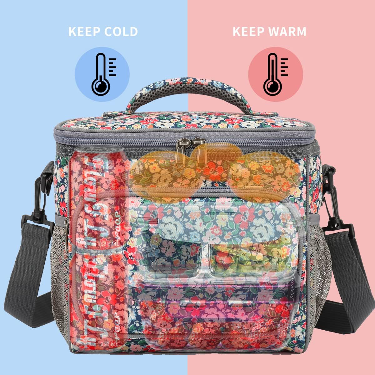 FlowFly Insulated Reusable Lunch Bag Adult Large Lunch Box for Women and Men with Adjustable Shoulder Strap,Front Zipper Pocket and Dual Large Mesh Side Pockets,Cherry - Colors A
