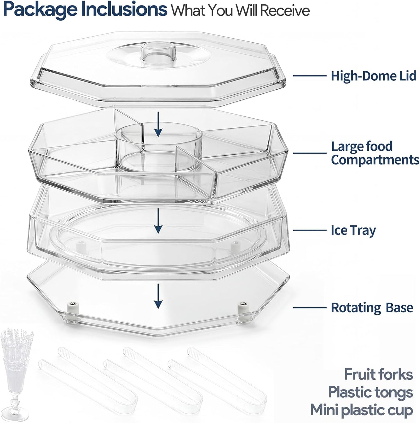 3-Tier Rotating Ice Chilled Serving Tray with Lid, 5-Compartment Fruit Platter with Ice Base for Veggies, Snacks, Seafood and Parties