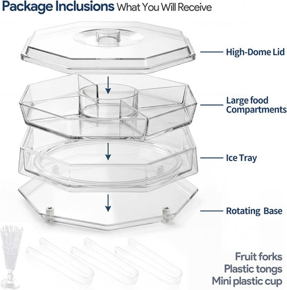 Rotating Chilled Serving Tray with Lid, 5-Compartment Fruit Tray with Ice Bottom for Salad, Shrimp, Appetizers and Parties
