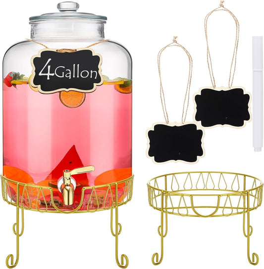 Glass Beverage Drink Dispenser for Parties, 4 Gallon Beverage Dispenser with Stand Stainless Steel Spigot Glass Lid Leakproof, Drink Containers、parties Jugs for Lemonade, Juice, Tea, Gold