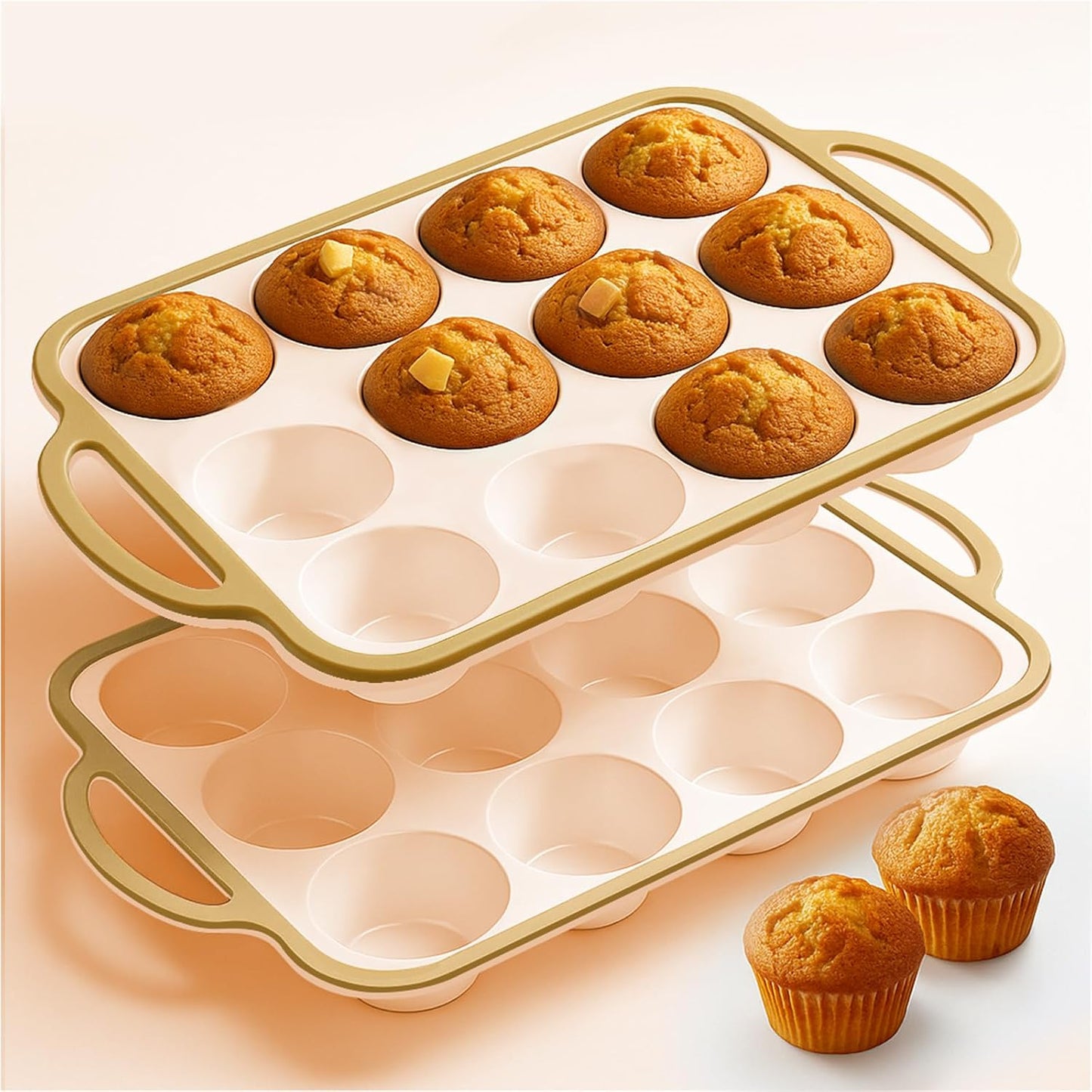Silicone Muffin Pans for Baking 2 Pack, 2.6 Inch with Metal Reinforced Frame, Regular Size Nonstick Cupcake Pan 12 Cups for Baking Homemade Muffins, Dishwasher Safe BPA Free-Blue