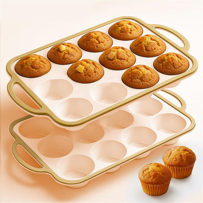 Silicone Muffin Pans for Baking 2 Pack, 2.6 Inch with Metal Reinforced Frame, Regular Size Nonstick Cupcake Pan 12 Cups for Baking Homemade Muffins, Dishwasher Safe BPA Free-Blue