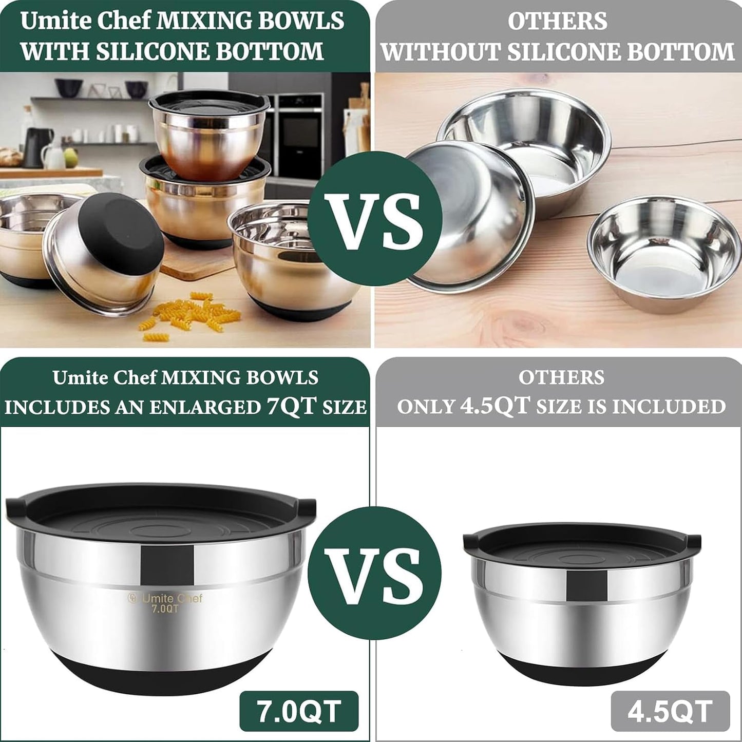 Umite Chef Mixing Bowls with Airtight Lids, 6 piece Stainless Steel Metal Nesting Storage Bowls, Non-Slip Bottoms Size 7, 3.5, 2.5, 2.0,1.5, 1QT, Great for Mixing & Serving (Khaki)