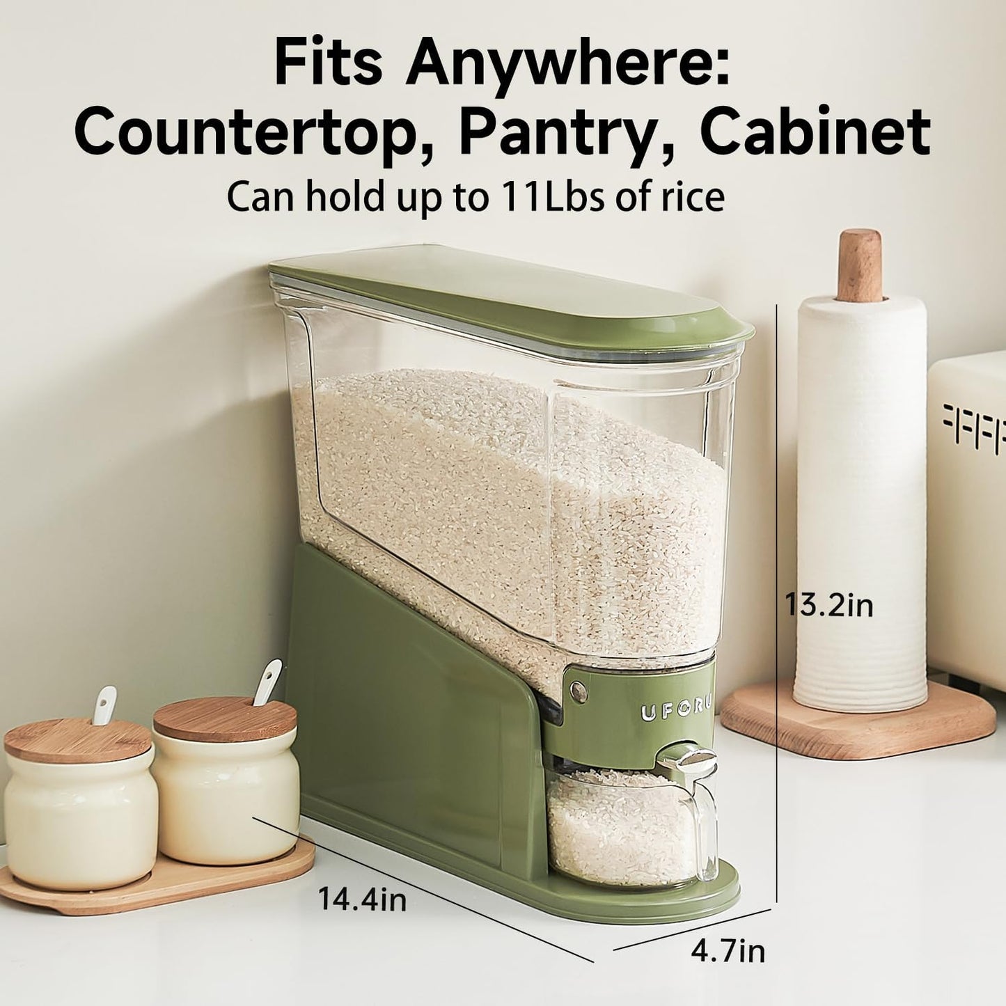 UFORU Rice Dispenser 22Lbs, Slim Rice Storage Container for Small Space, BPA-Free Clear Dry Food Dispenser Sealed Moisture Proof, Grain&Cereal Storage Bucket for Kitchen Pantry Household, Cream White