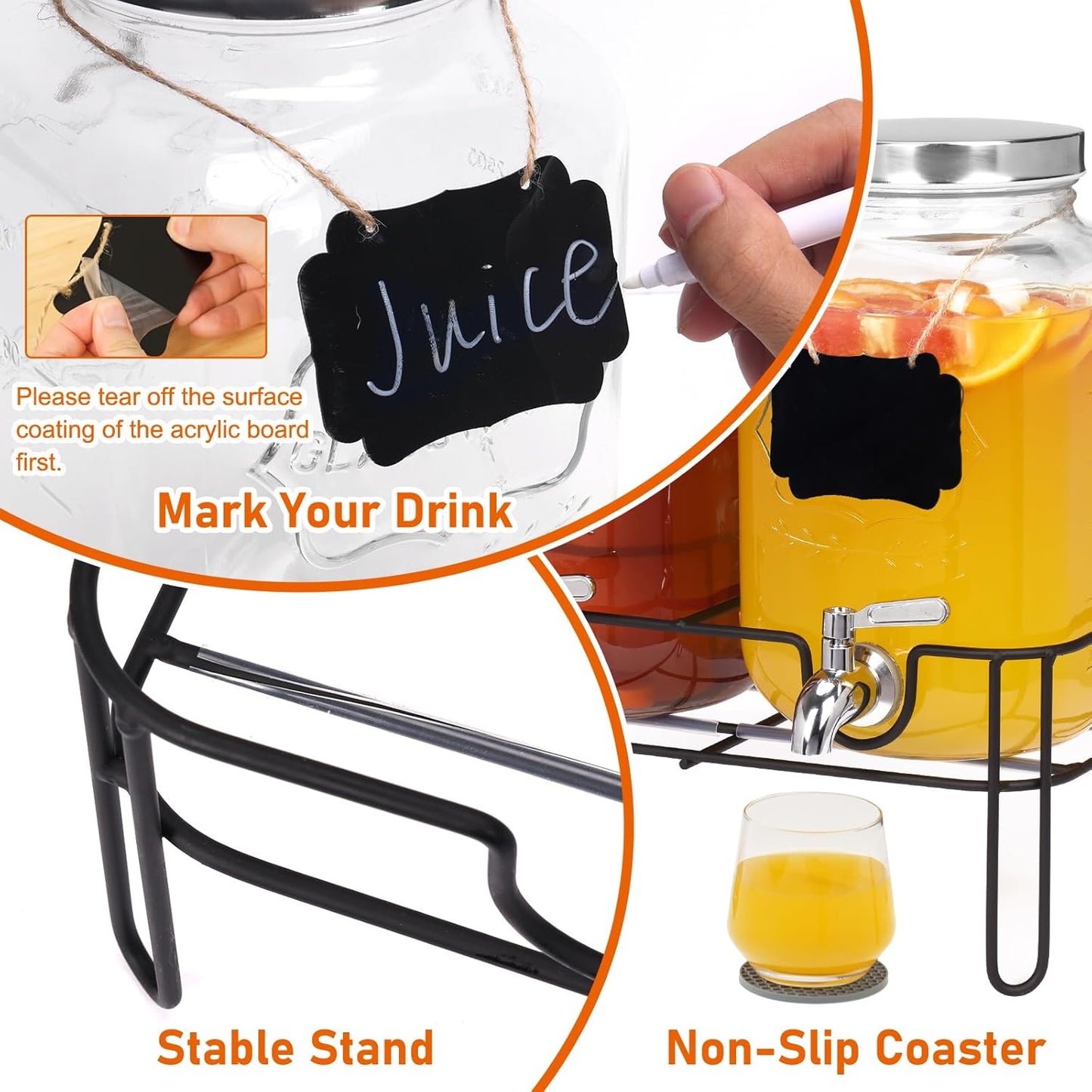 Bululuo Glass Drinks Dispenser for Parties, 2 Gallon Beverage Dispenser with Stand for Juice and Iced Tea, Water Jug Dispenser for Lemonade, Party Essential Beverage Pitcher with Spout