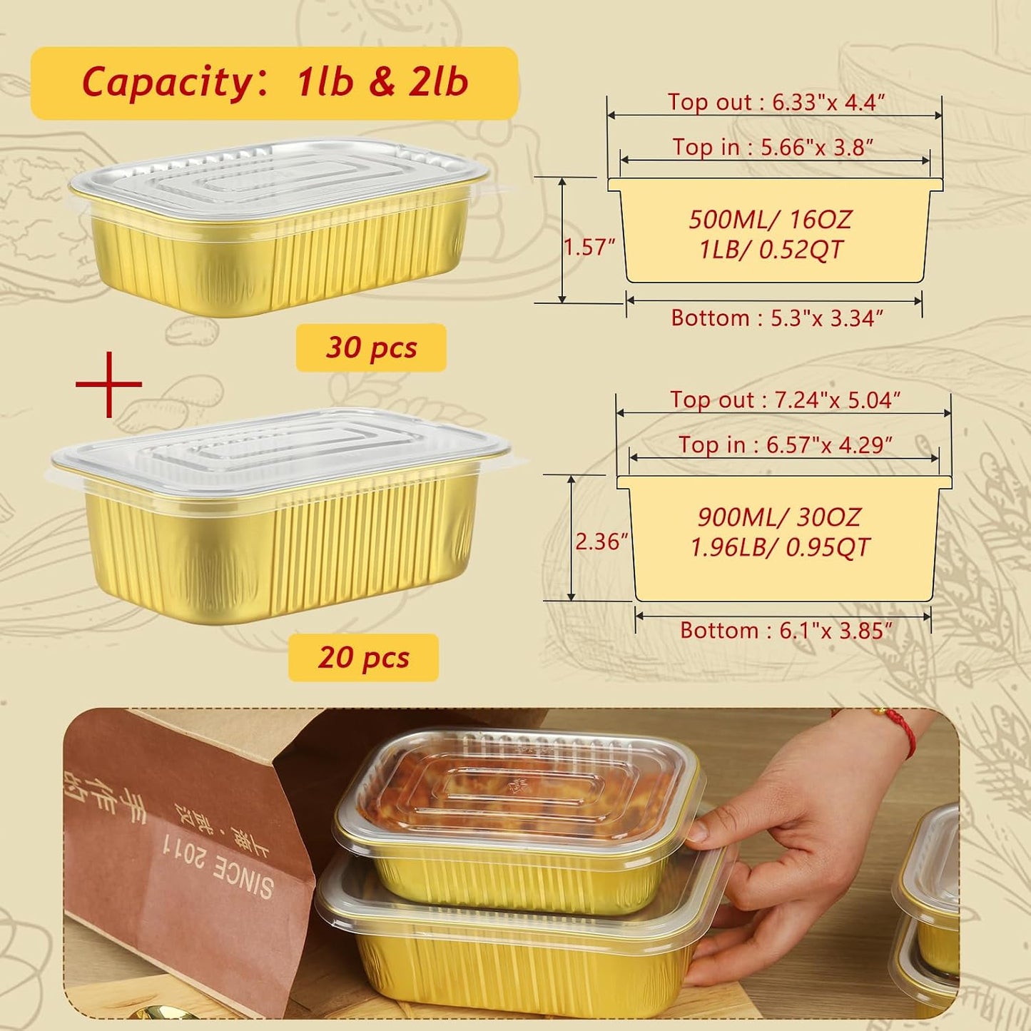 LNYZQUS 1lb Small Foil Pans With PP Lids 50 Pack, 16oz Heavy Duty Aluminum Leftover Containers Holders,Disposable Baking Tins To Go Containers For Cooking Heating Storing Meal Prep