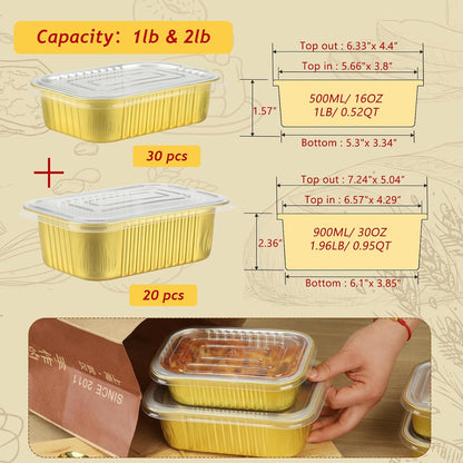 LNYZQUS 1lb Small Foil Pans With PP Lids 50 Pack, 16oz Heavy Duty Aluminum Leftover Containers Holders,Disposable Baking Tins To Go Containers For Cooking Heating Storing Meal Prep