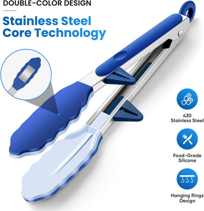 3 Pack Silicone Tongs for Cooking,Maywe Tanso 9 Inch Cooking Kitchen Tongs with Silicone Tips,Nonstick Stainless Steel Tongs for Steak Pie Pizza Pasta Spaghetti Salad BBQ Buffet