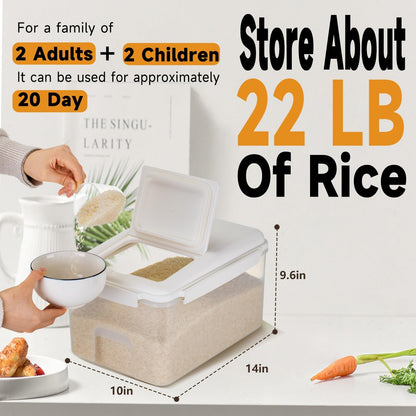 LivLab Mker Rice Storage Container 20 lbs & 10 lbs - 15 lbs & 7.5 lbs Flour Dispenser with Wheel & Measuring Cup, Kitchen Prganizers for Dry Food Storage Container, White