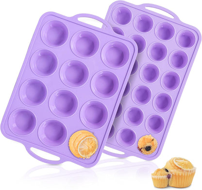 2 Pack Silicone Muffin Pan 12 and 24 Cup with Metal Frame,Non Stick Silicone Mini Cupcake Pan with Handles, BPA Free Silicon Regular Muffin Tin Tray Small for baking, egg bites, Mold Grey