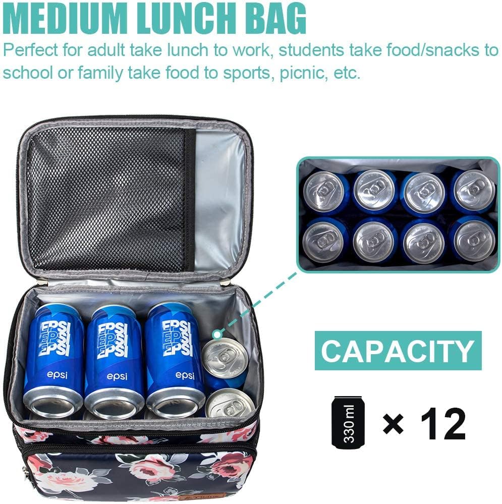 Tiblue Insulated Lunch Bag for Women/Men, Reusable Lunch Box for Office Work School Picnic,Leakproof Freezable Cooler Bag with Adjustable Shoulder Strap for Kid/Adult(Medium, Black & White Stripes)