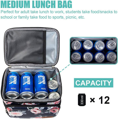 Tiblue Insulated Lunch Bag for Women/Men, Reusable Lunch Box for Office Work School Picnic,Leakproof Freezable Cooler Bag with Adjustable Shoulder Strap for Kid/Adult(Medium, Black & White Stripes)