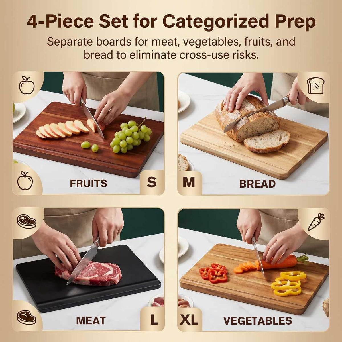 3-Piece 0.6in thickness Book Shaped Cutting Board Set - Food Safe, Non-Slip Chopping Boards for Kitchen Organization and Stylish Serving,Acacia Wood