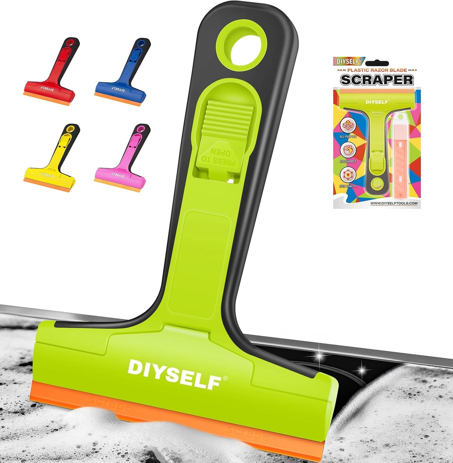 DIYSELF Razor Blade Scraper, 1 Pack Scraper Tool with 10pcs 4-Inch Blades, Razor Scraper for Cleaning Glass, Window, Stove Top, Oven, Kitchen, Cooktop, Shower Door, Sticky Residue, Tile, Wallpaper