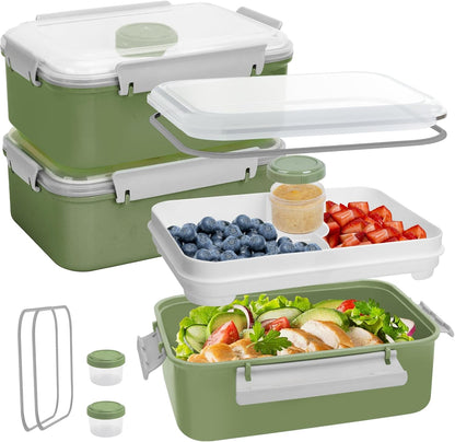3 Pack Salad Lunch Box Food Storage Containers, 47oz Bento Box To Go Container with Lids, Reusable Meal Prep Containers with Removable Tray & Dressing Pots for Kids and Adults, Microwave Safe