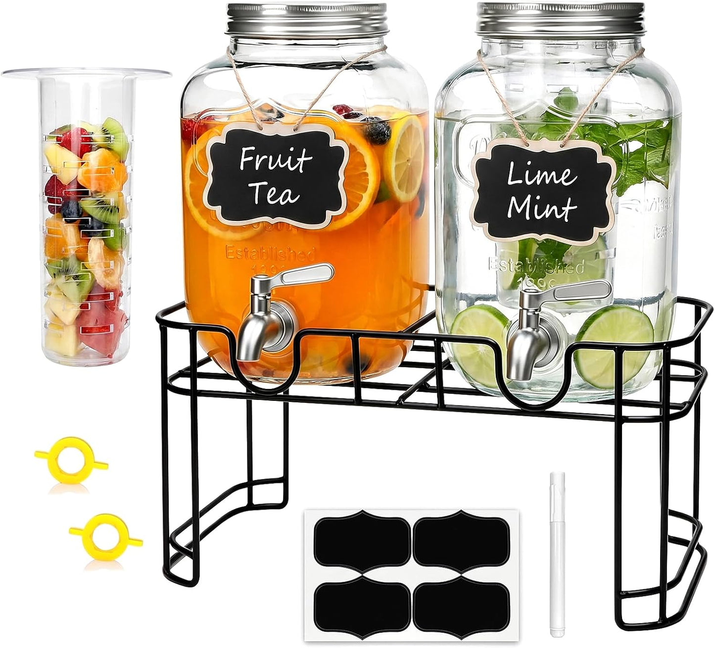 Accguan 1-Gallon Drink Dispenser,Glass Water Dispenser with Tin Lid and Stainless steel faucet,Black Iron Frame,Mason Drink Dispenser for Parties, Picnics, Barbecues and Daily,2 pack