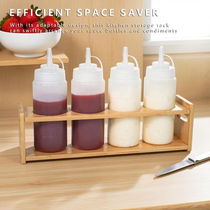 Wooden Condiment Caddy for Squeeze Bottles, 4-Bottle Countertop Organizer with Non-Slip Base, for Kitchen, Fridge, Dining Table Storage to Prevent Spills and Clutter