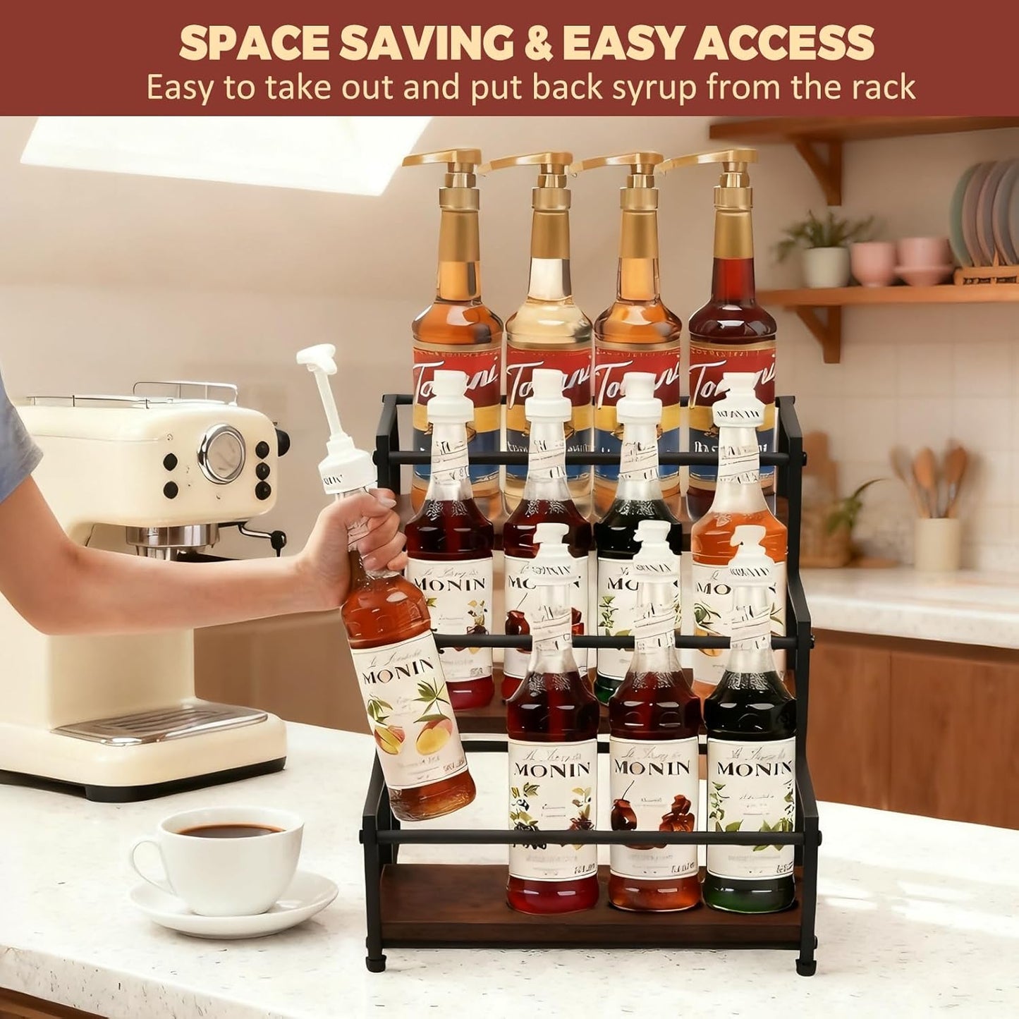 Countertop Liquor Bottle Organizer Shelf, 3-Tier | Rustic Display Rack, For Wine & Coffee Syrups, Freestanding Bar and Kitchen Storage, Easy-Carry Handles