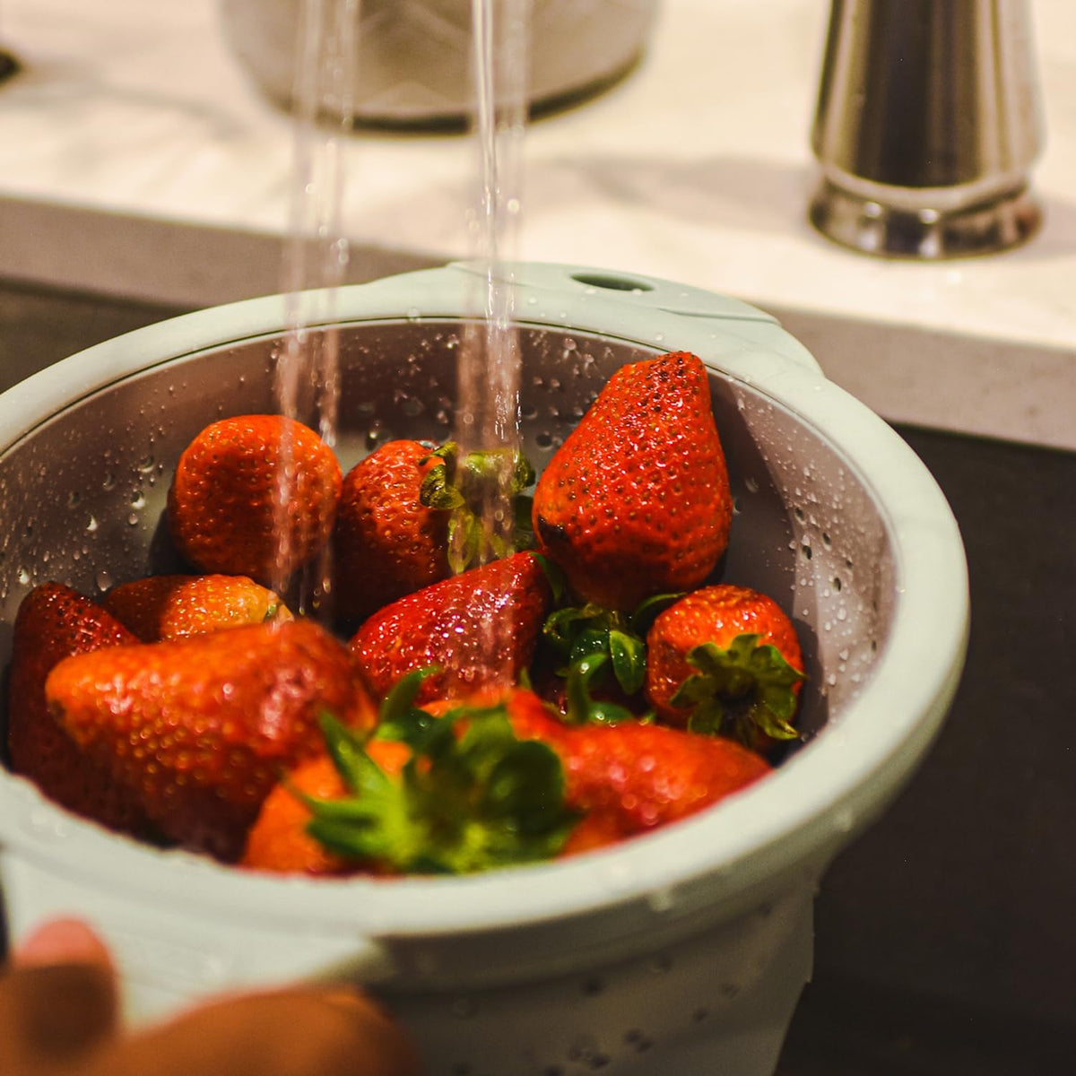 Dexas 10" Collapsible Silicone Colander in Cream, Kitchen Strainer with Handles, 15.1 Cup Capacity | BPA-Free, Heat-Resistant, Space-Saving Kitchen Tool