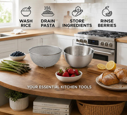 304 Stainless Steel Colander Set, 1.5QT Colander with Bowl, 30-Mesh Micro Perforated Strainer for Rice, Quinoa, Pasta, Fruits & Vegetables,2 pack