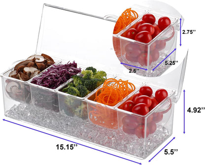 IVYHOME 3-Tier Chilled Serving Tray with Lid, 15" Fruit Ice Serving Platter with 4 Compartments, Shrimp Cocktail Serving Dish, Divided Serving Bowl for Parties