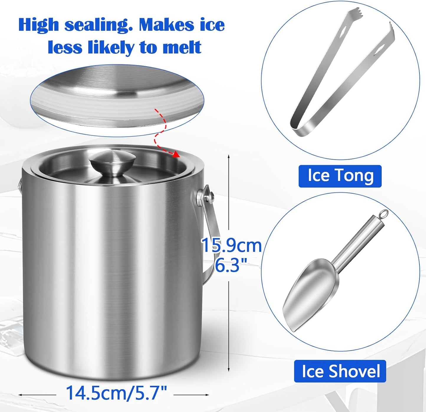 Ice Bucket with Lid & Tong- Well Made Insulated Stainless Steel Keep Ice Frozen Longer - Ideal for Cocktail Bar, Parties, Chilling Wine, Champagne - 2 Liter (Stainless Steel)