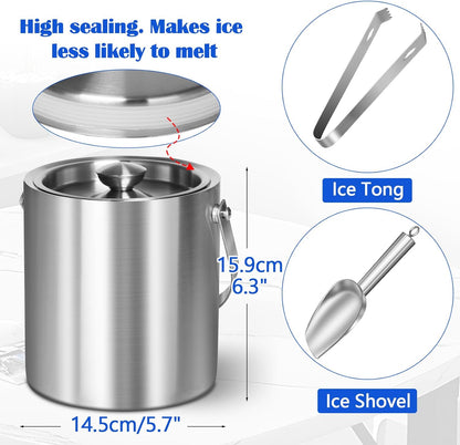 Ice Bucket with Lid & Tong- Well Made Insulated Stainless Steel Keep Ice Frozen Longer - Ideal for Cocktail Bar, Parties, Chilling Wine, Champagne - 2 Liter (Stainless Steel)