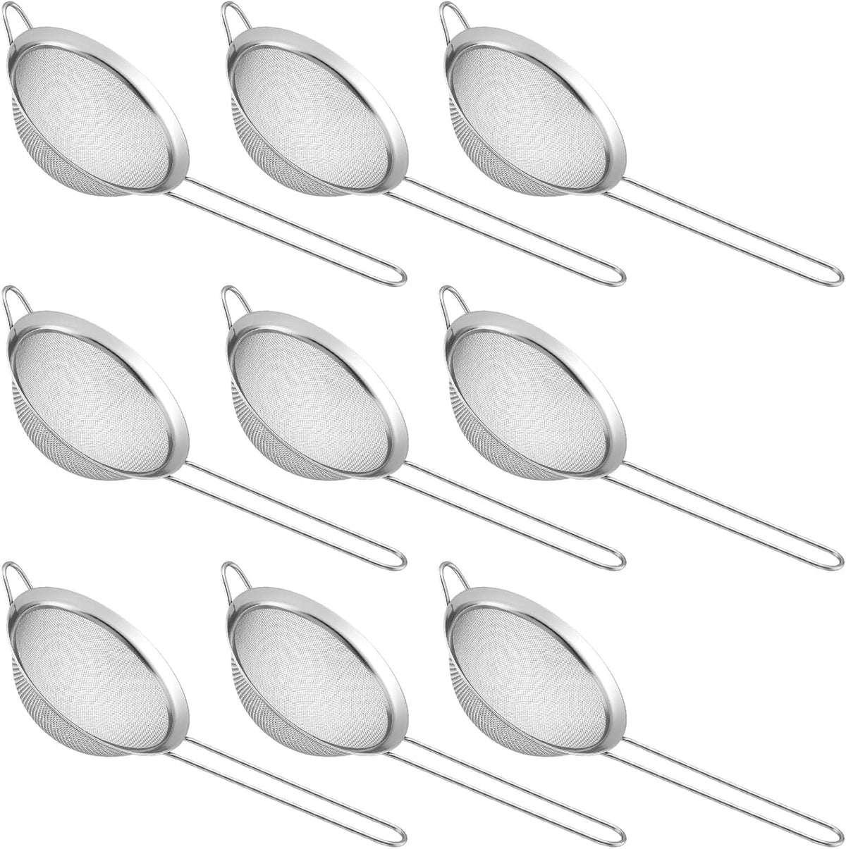 9 Packs 8.8 x 3.9 Inches Stainless Steel Fine Mesh Strainer Small Cocktail & Tea Strainer with Handle for Coffee, Juice, Powdered Sugar