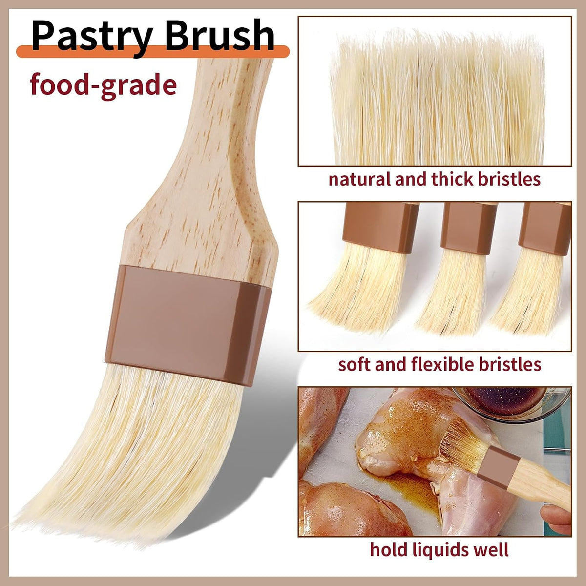 3 Pack Natural Bristle Pastry Brush for Basting Baking Cooking Food