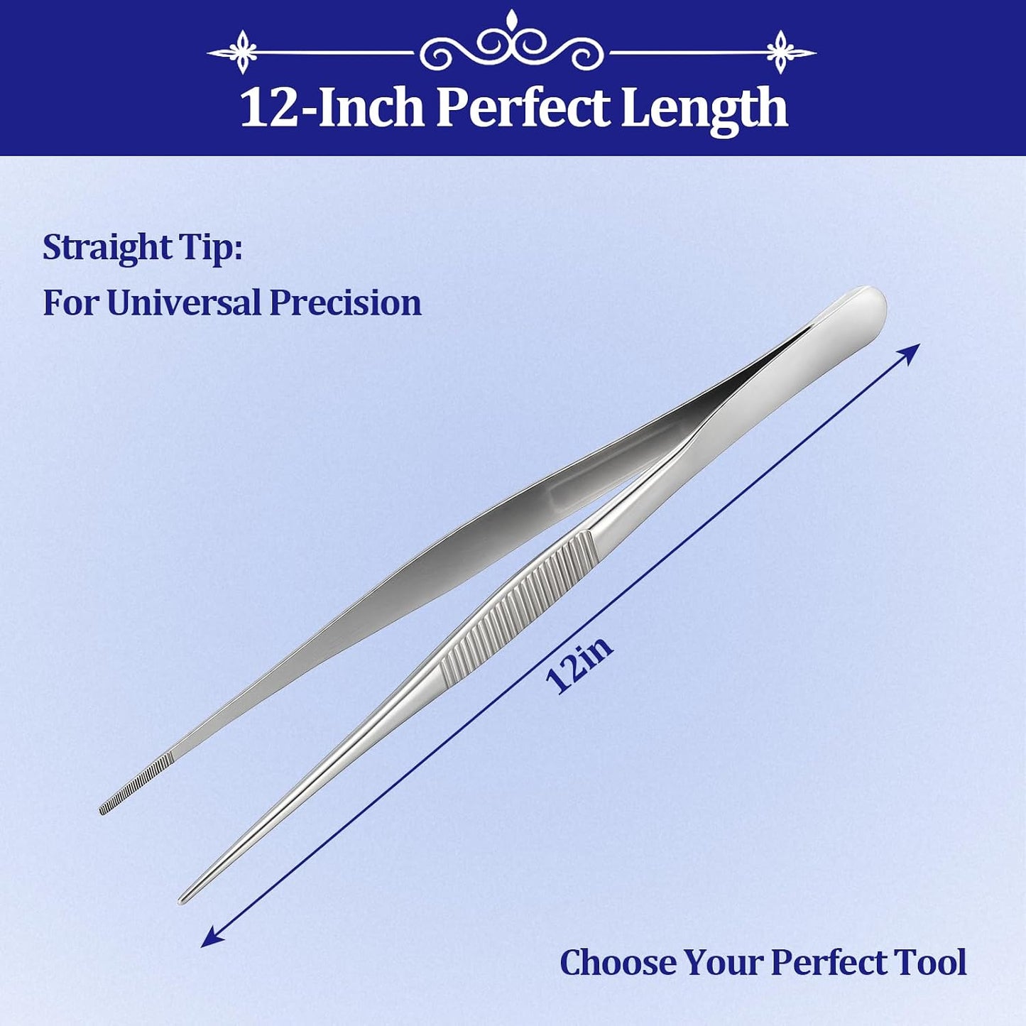 12-inch Stainless Steel Cooking Tongs & Tweezers, Non-Slip Grip & Serrated Tips for Grilling, Baking, Garnishing, BBQ, Kitchen & Craft Use (Round Tip)