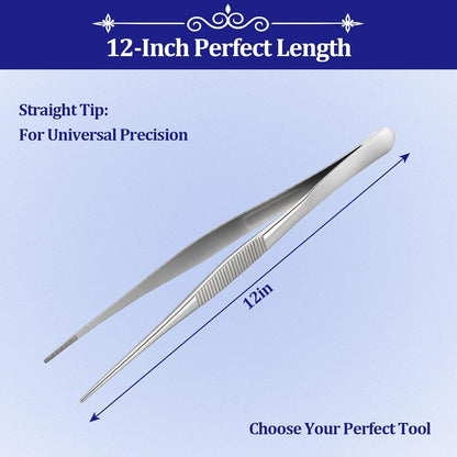 12-inch Stainless Steel Cooking Tongs & Tweezers, Non-Slip Grip & Serrated Tips for Grilling, Baking, Garnishing, BBQ, Kitchen & Craft Use (Round Tip)