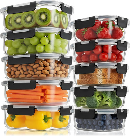 BBV Glass Meal Prep Containers, [10 Pack] Glass Food Storage Containers with Lids, Leak Proof Glass Food Storage Containers with Lids, BPA Free, Microwave Oven Freezer Dishwasher Safe (5color)