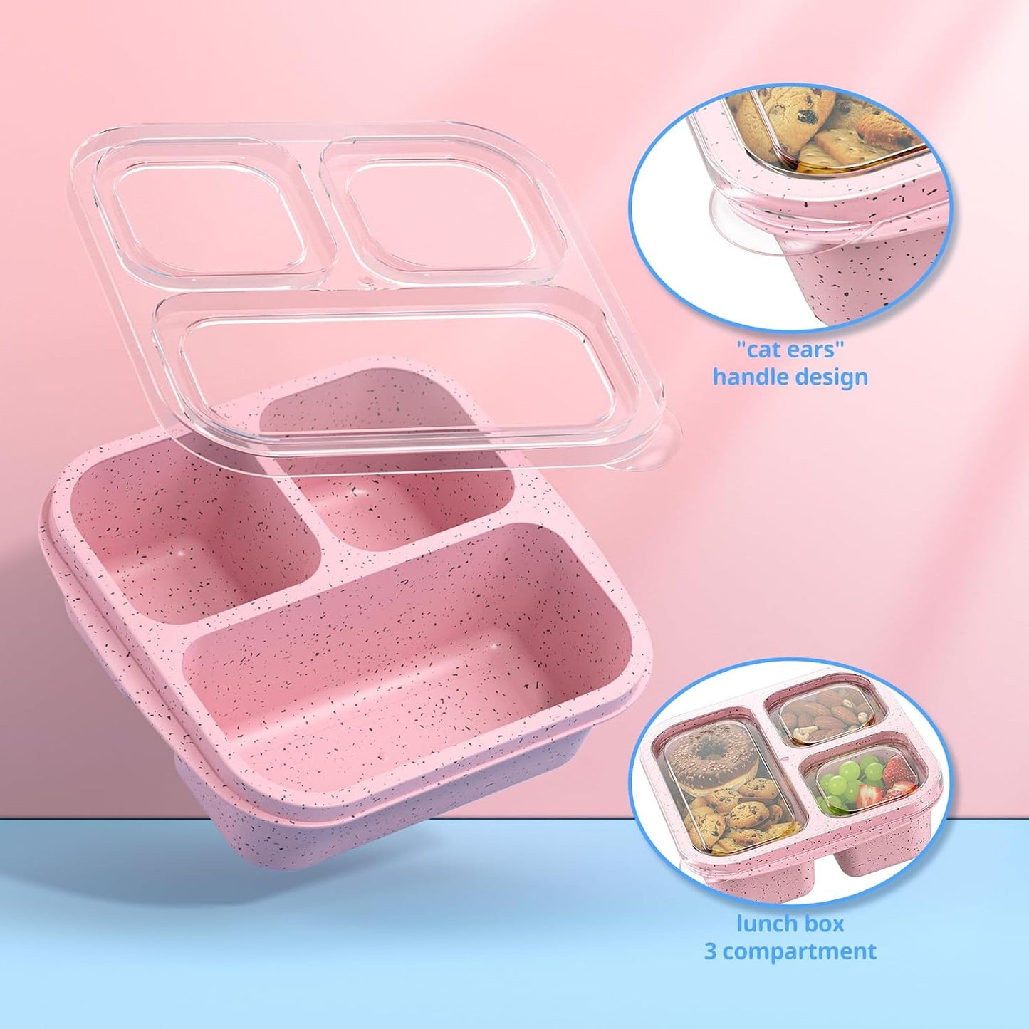Snack Boxes (3 Pack) - Stackable Bento Boxes with 3 Compartments, Meal Prep Containers Reusable, Lightweight Lunch Containers for Kids and Adults, BPA Free (Blue)