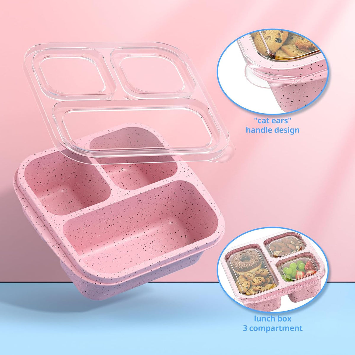 Snack Boxes (3 Pack) - Stackable Bento Boxes with 3 Compartments, Meal Prep Containers Reusable, Lightweight Lunch Containers for Kids and Adults, BPA Free (Blue)