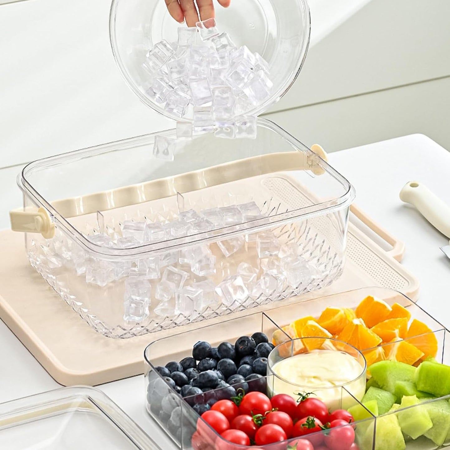 Fruit Ice Divided Serving Tray with Lid, Ice Underneath and Handle, Chilled Serving Platter for Parties, Shrimp Cocktail Serving Dish, Chilled Veggie Tray for Keep Food Cold Outside Party
