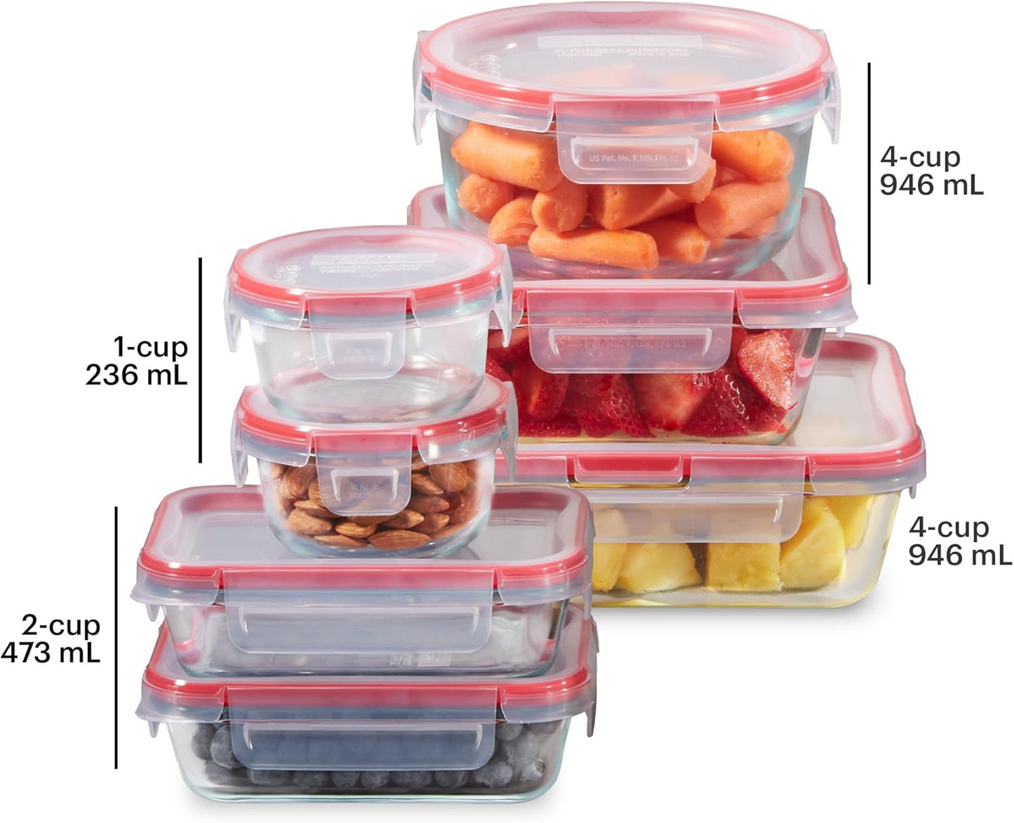 Pyrex Freshlock (4-Pack) Mixed Sized Glass Food Storage Containers Set, Airtight & Leakproof Plastic Locking Lids BPA-Free, Meal Prep Containers Set, Freezer Dishwasher Microwave Safe