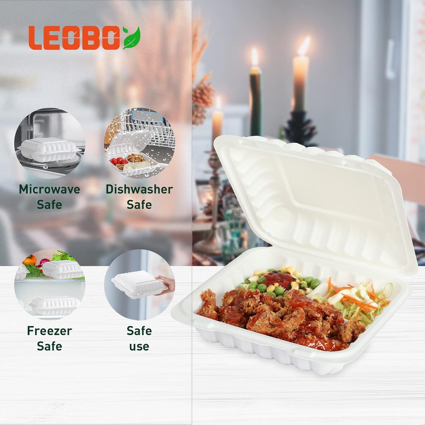 Takeout Container Mineral Filled PP Plastic - 7.8 Inch 30oz 65 Pack BPA Free 3 Compartments Shrink Wrap Bento Box | Freezer & Microwave Safe for Picnic | Black Reusable & Disposable Containers