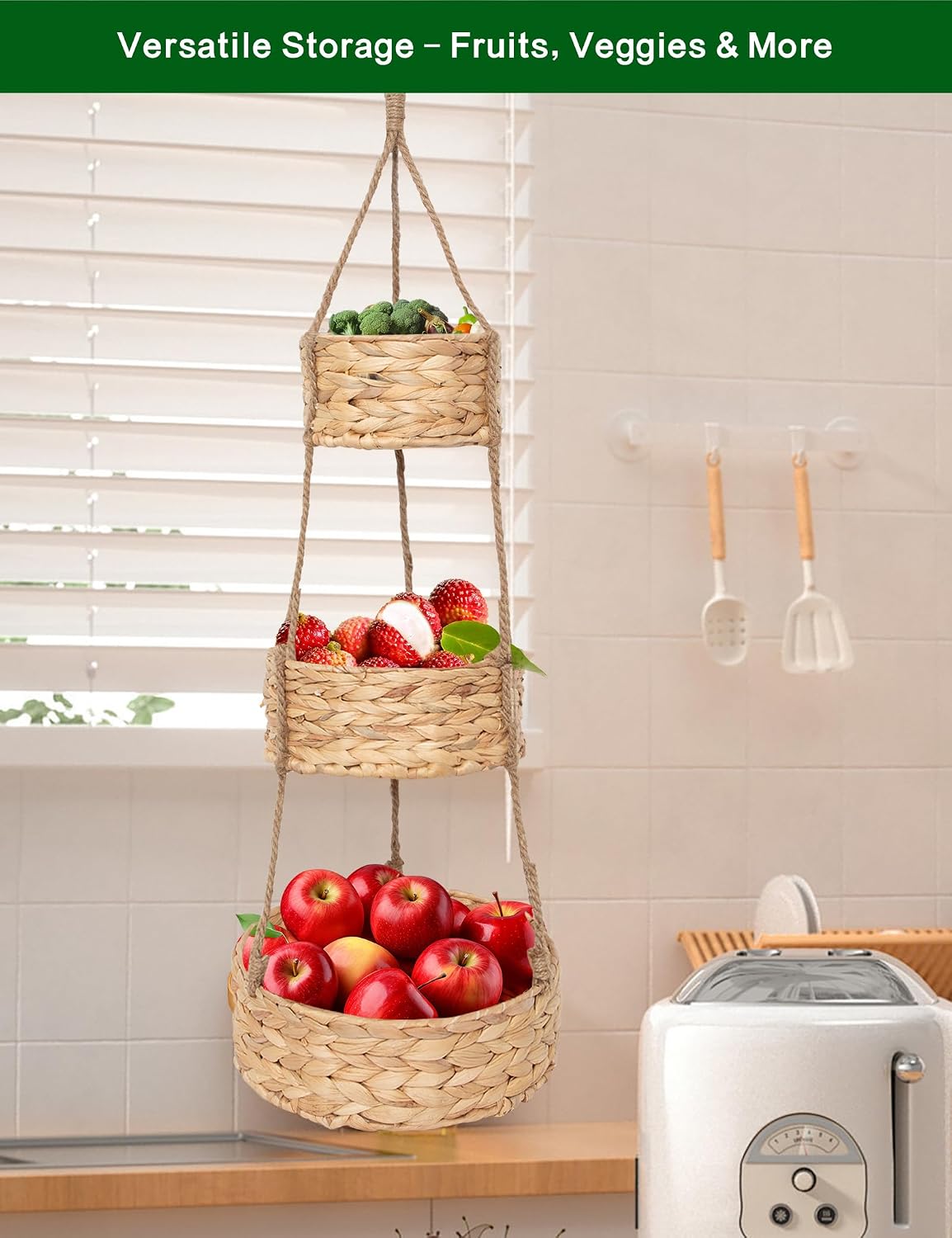 VerdantVibes Woven Wall Hanging Basket – 3-Tier Natural Water-Hyacinth Organizer for Boho Farmhouse Decor, Kitchen & Home Storage (37.4" x 11.2", Folds Flat)