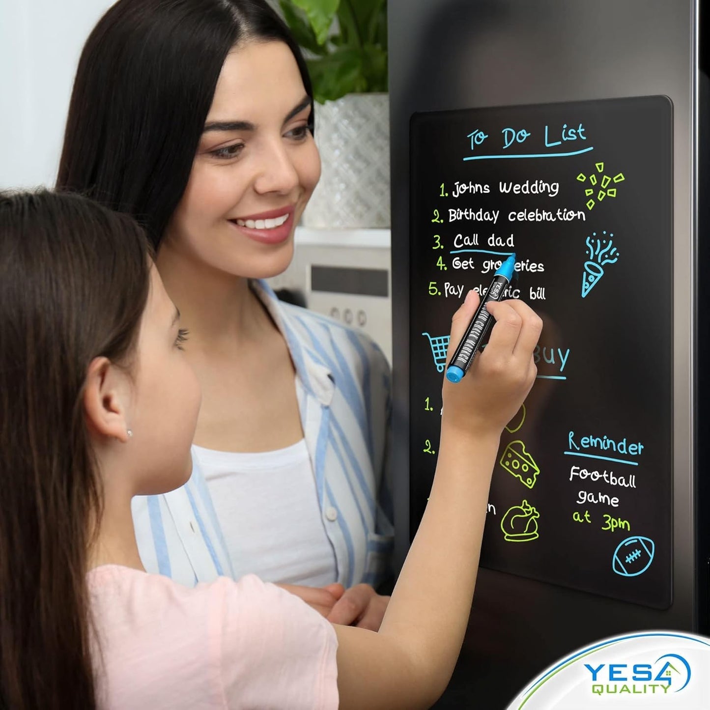 Magnetic Black Dry Erase Board for Fridge (12 x 8 inch), Stain-Resistant w/ 3 Magnetic, Fine-Tip Neon Chalk Markers & Eraser by Yes4Quality