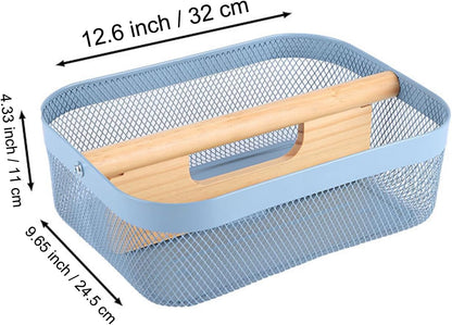 AJIODA Metal Mesh Steel Storage Basket, Garden Harvest Wire Organizer Basket Multi-functional Kitchen Fruit Basket with Wooden Removable Partition & Handle for Bathroom Picnic Decor Cabinet, Grey