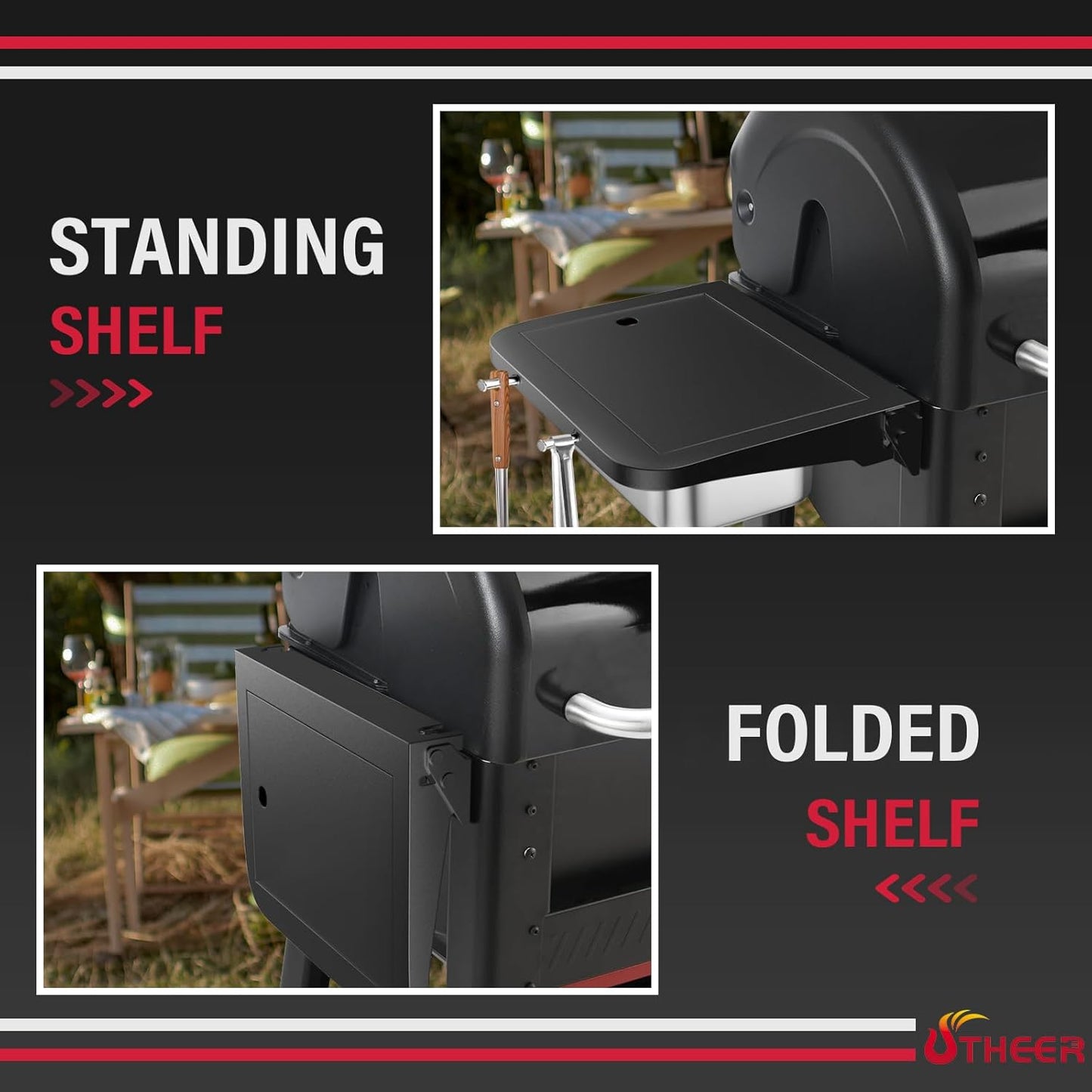 Upgraded Grill Table for Weber Kettle 22"/18"/26", Master Touch 22", Smokey Mountain, Recteq Pellet Grill RT-B380, Prep Station with Cutting Board, Basin, 4 Hooks, Shelf for Weber Kettle Accessories