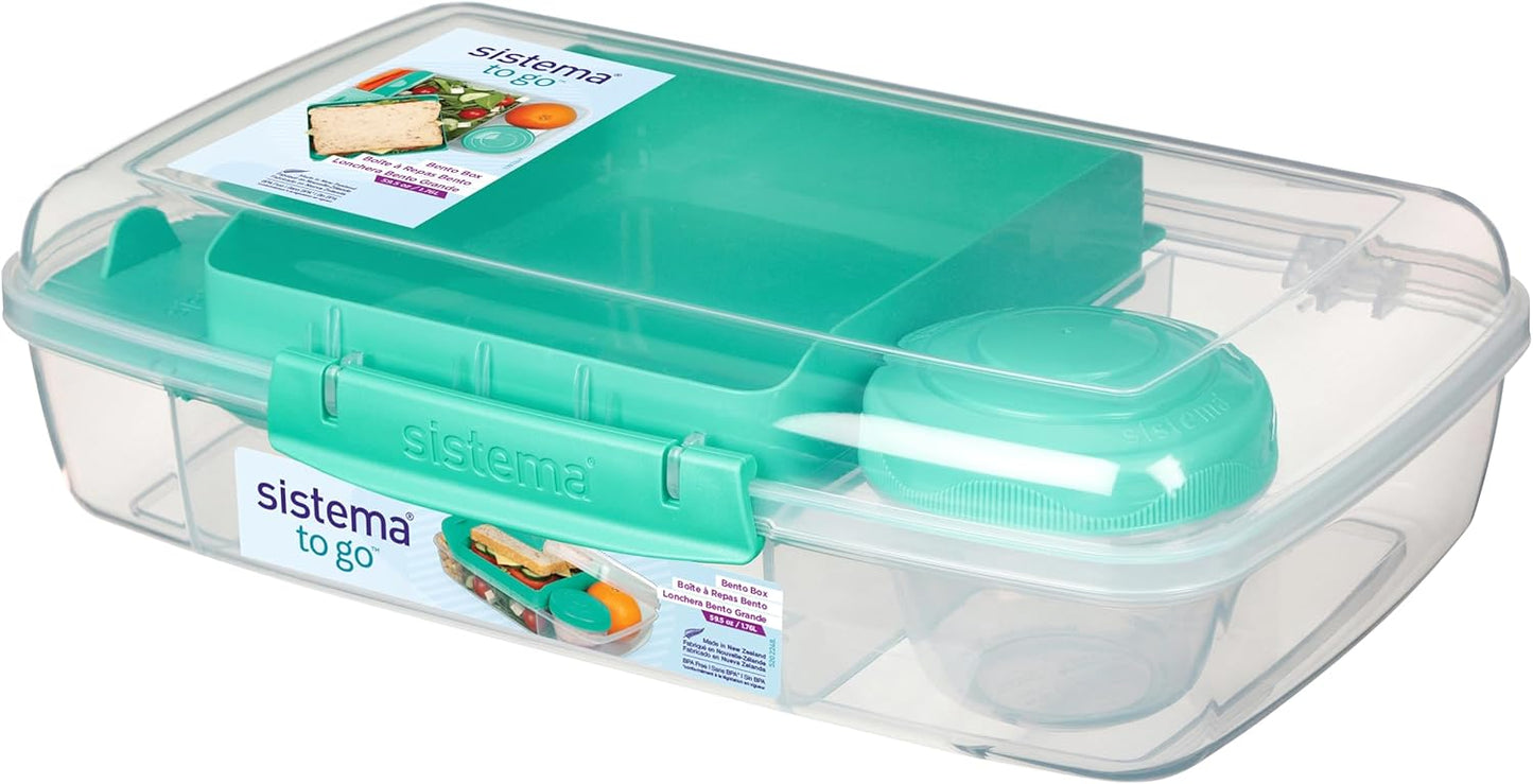 Sistema Bento Box Adult Lunch Box with 3 Compartments, 2 Removable Trays, and Salad Dressing Container, Dishwasher Safe, Color May Vary, 42 oz./1.25L Size (Pack of 4)