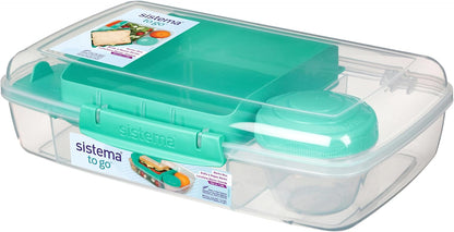Sistema Bento Box Adult Lunch Box with 3 Compartments, 2 Removable Trays, and Salad Dressing Container, Dishwasher Safe, Color May Vary, 42 oz./1.25L Size (Pack of 4)
