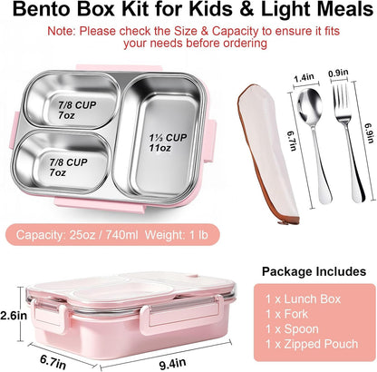 25oz 18/8 Stainless Steel Lunch Box Kit (Bento Box + Fork/Spoon) - 3 Leakproof Compartments - Metal Snack Box for Kids & Adults - School/Office/Travel - Dishwasher Safe (Beige)