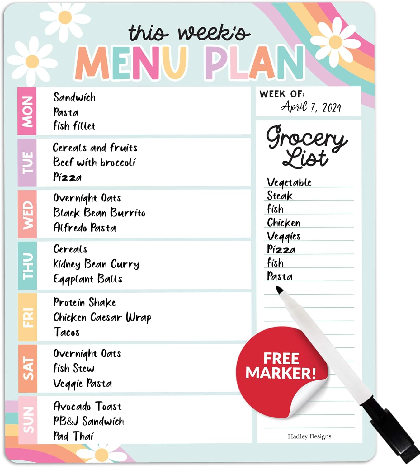 Hadley Designs Weekly Meal Planner for Fridge - Dinner Menu Board for Kitchen, Greenery Weekly Menu Board Dry Erase, Dry Erase Meal Planner for Fridge